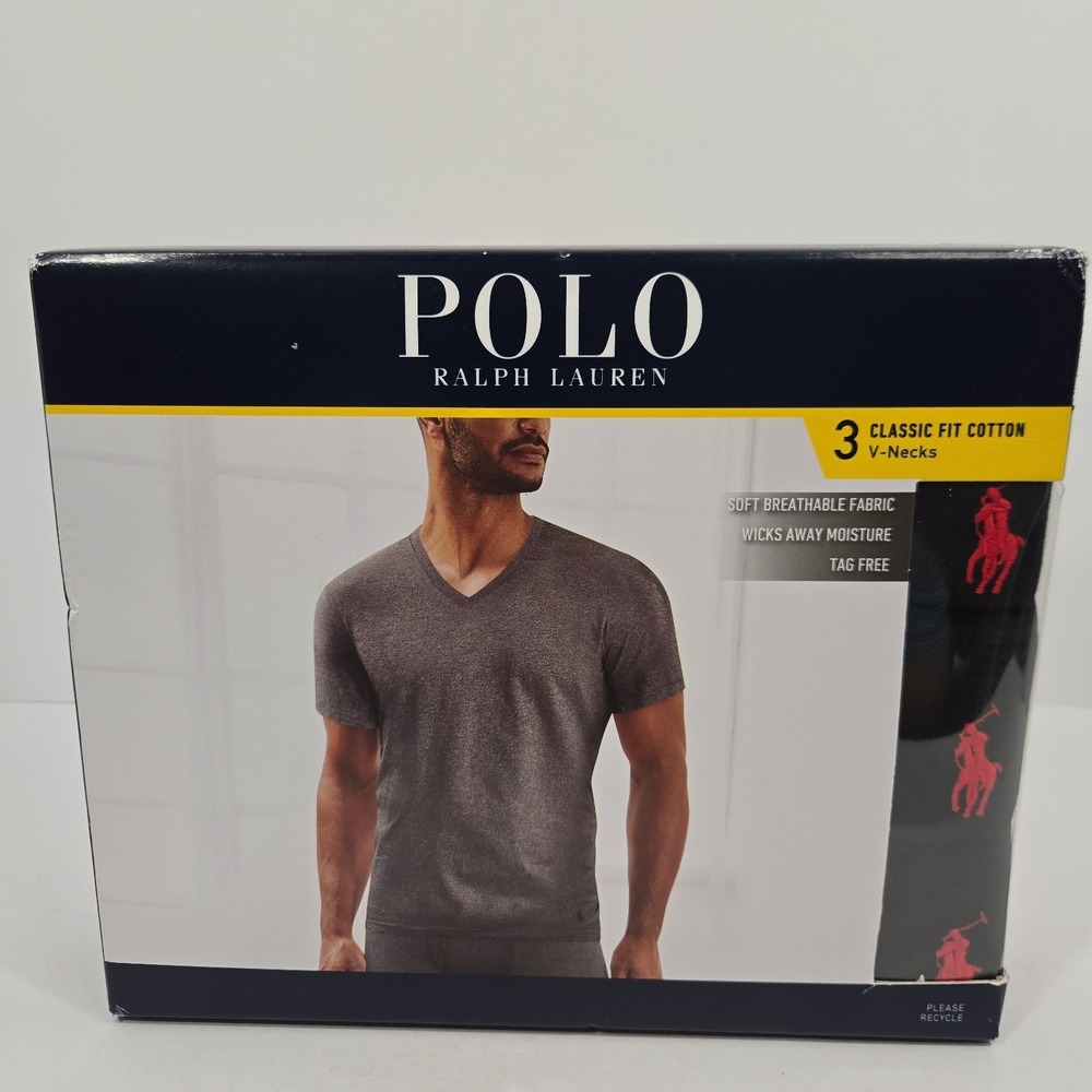 Mens Medium Polo Ralph Lauren Classic Fit Cotton Black V-Neck T-Shirt 3-pack M